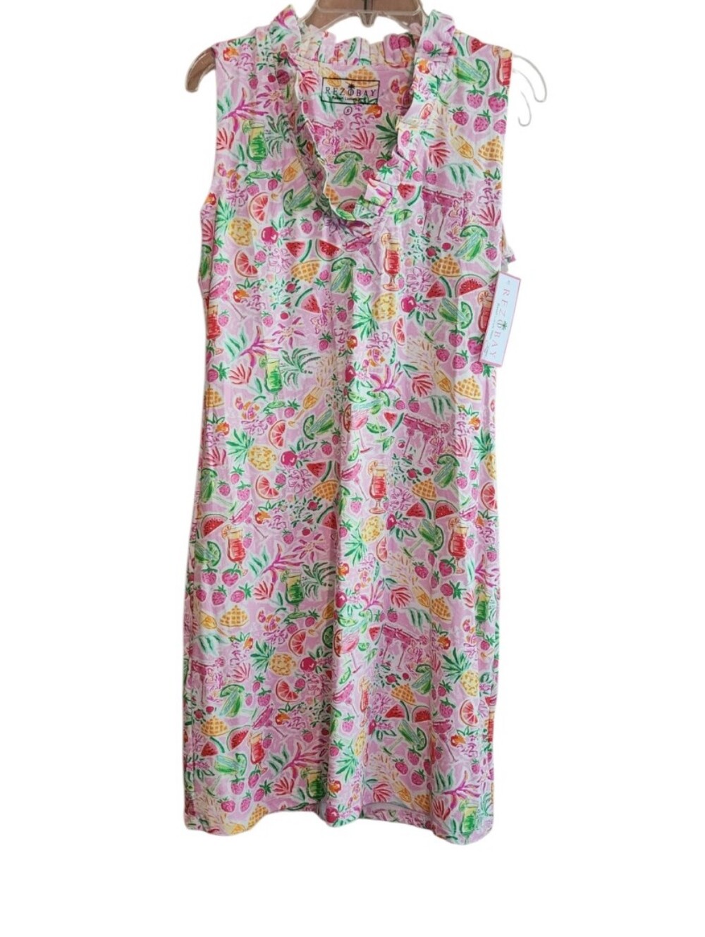 NWT Rezobay Sleeveless Ruffle-Trim Midi Dress in Pink Tropical Print